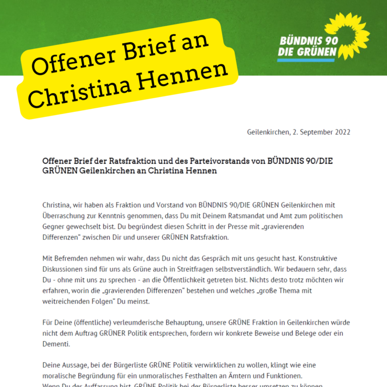 Offener Brief der Ratsfraktion und des Parteivorstands von BÜNDNIS 90/DIE GRÜNEN Geilenkirchen an Christina Hennen
